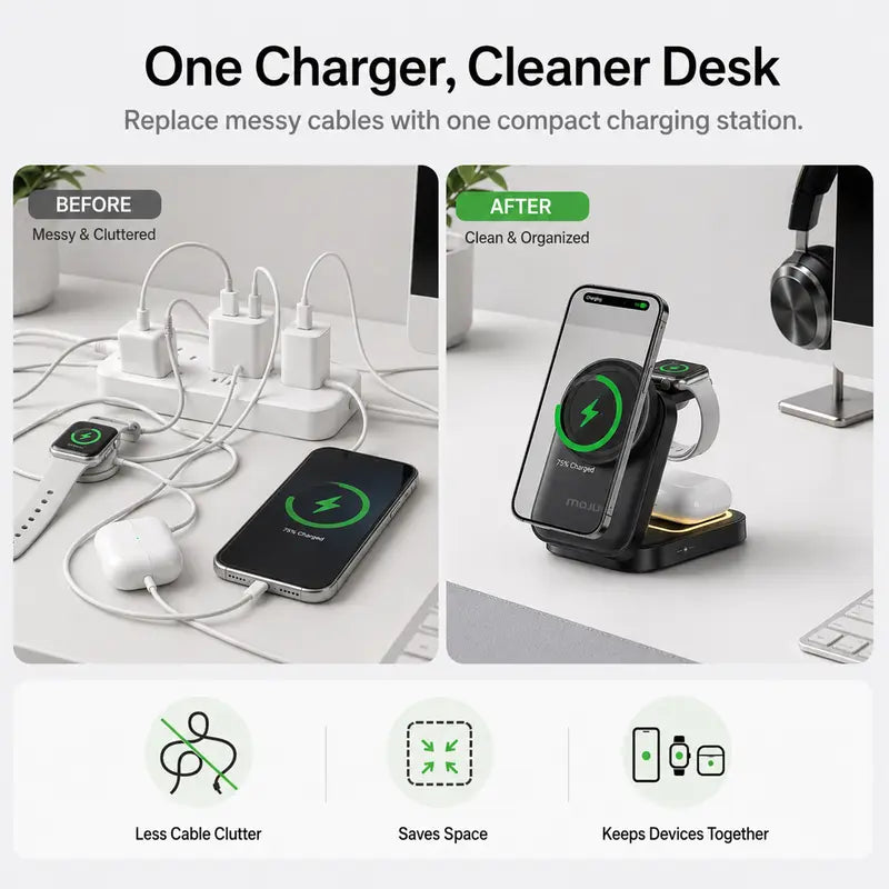3-in-1 Foldable Wireless Charger - Qi2 15W Fast Charging For Everyday Essentials