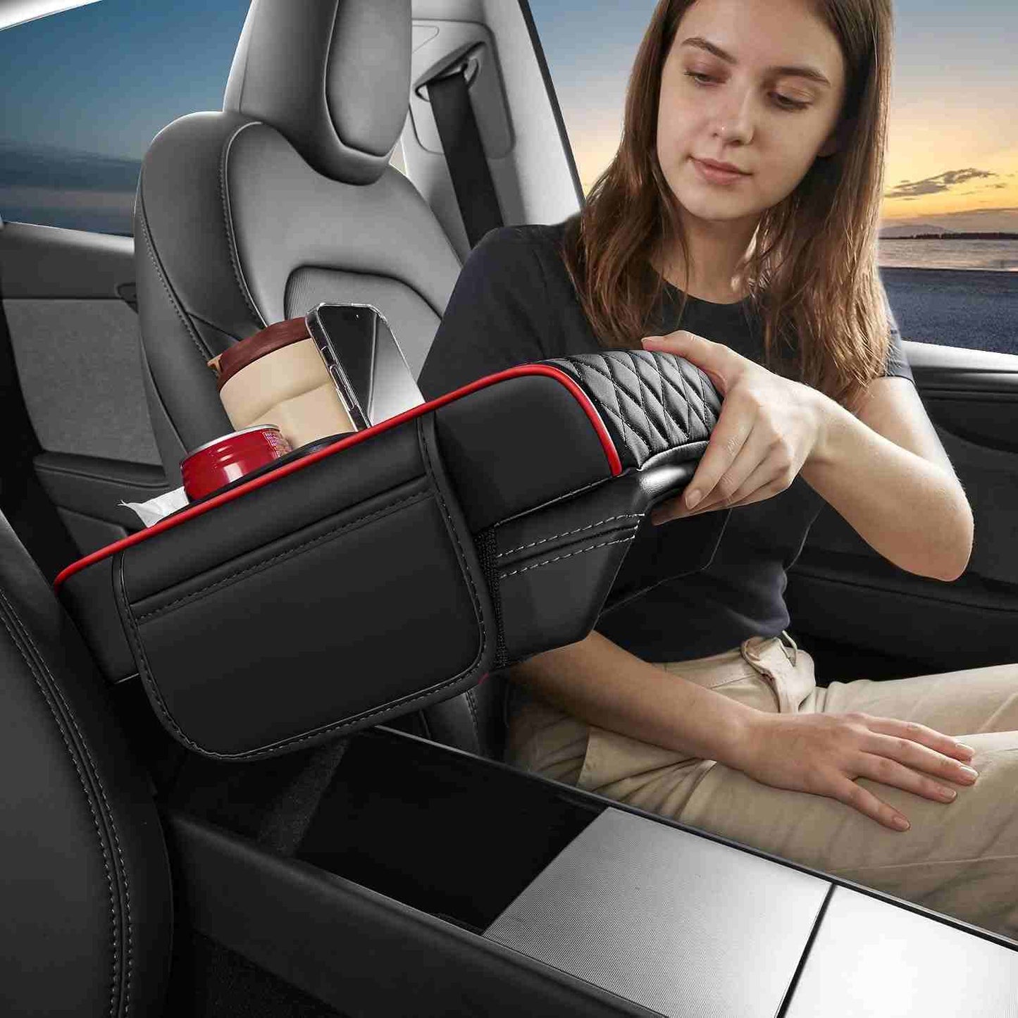 Multifunctional Nappa Leather Car Armrest Storage Pad - 2 Pack per Set