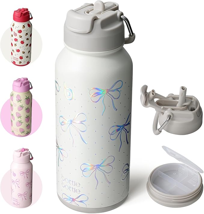 Insulated Water Bottle with Built-In Bottom Pill Storage Case