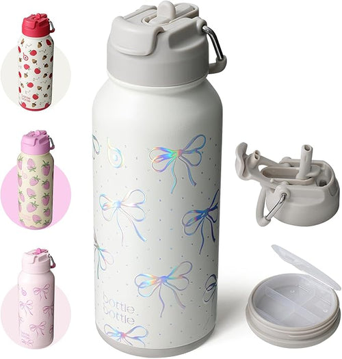 Insulated Water Bottle with Built-In Bottom Pill Storage Case