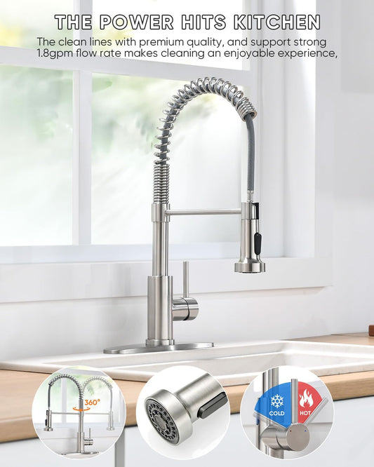 Kitchen Faucet with Pull Down Sprayer Brushed Nickel Single Handle Compact