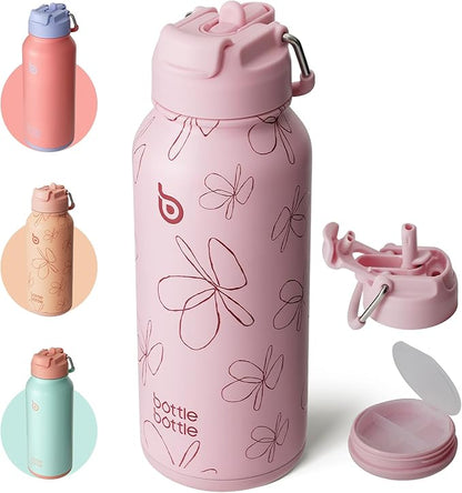 Insulated Water Bottle with Built-In Bottom Pill Storage Case