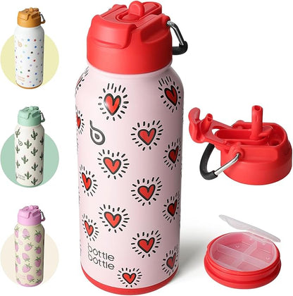 Insulated Water Bottle with Built-In Bottom Pill Storage Case