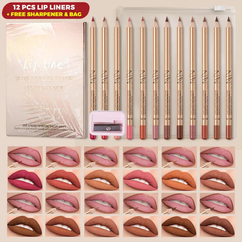 12 Pcs Waterproof Velvet Matte Lip Liner Pencil Set with Sharpener