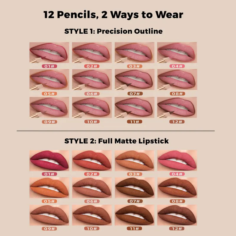 12 Pcs Waterproof Velvet Matte Lip Liner Pencil Set with Sharpener
