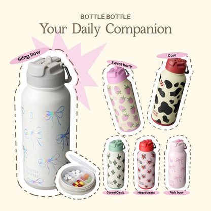Insulated Water Bottle with Built-In Bottom Pill Storage Case