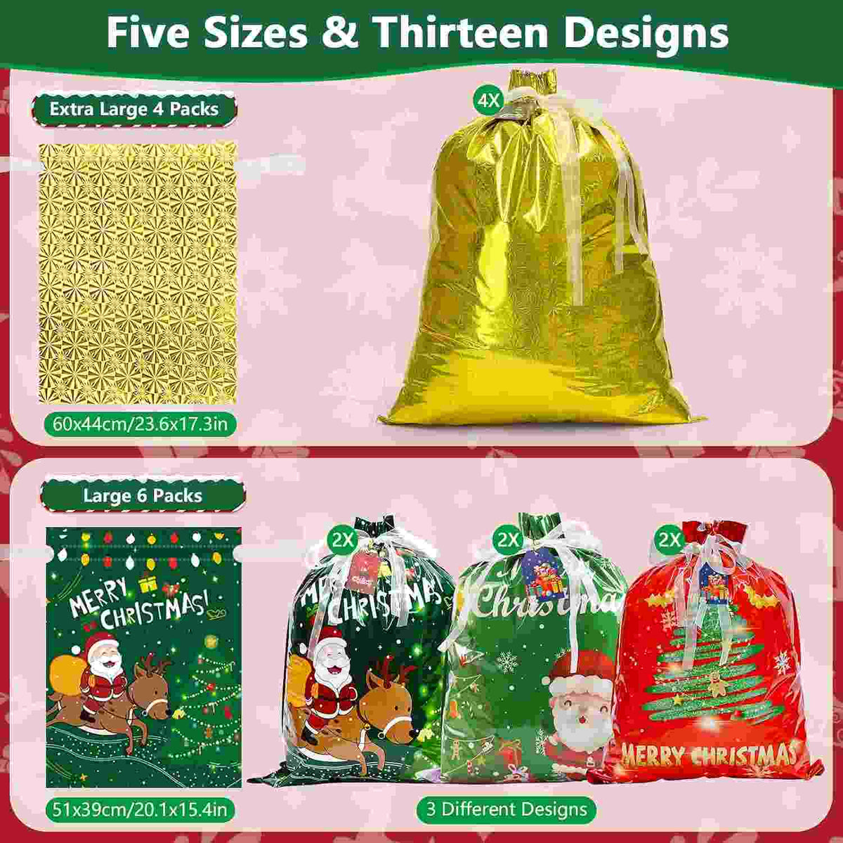 Instant Drawstring Christmas Foil Gift Bags Set