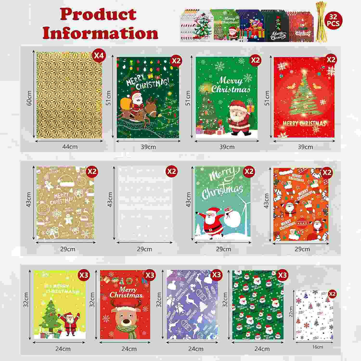 Instant Drawstring Christmas Foil Gift Bags Set