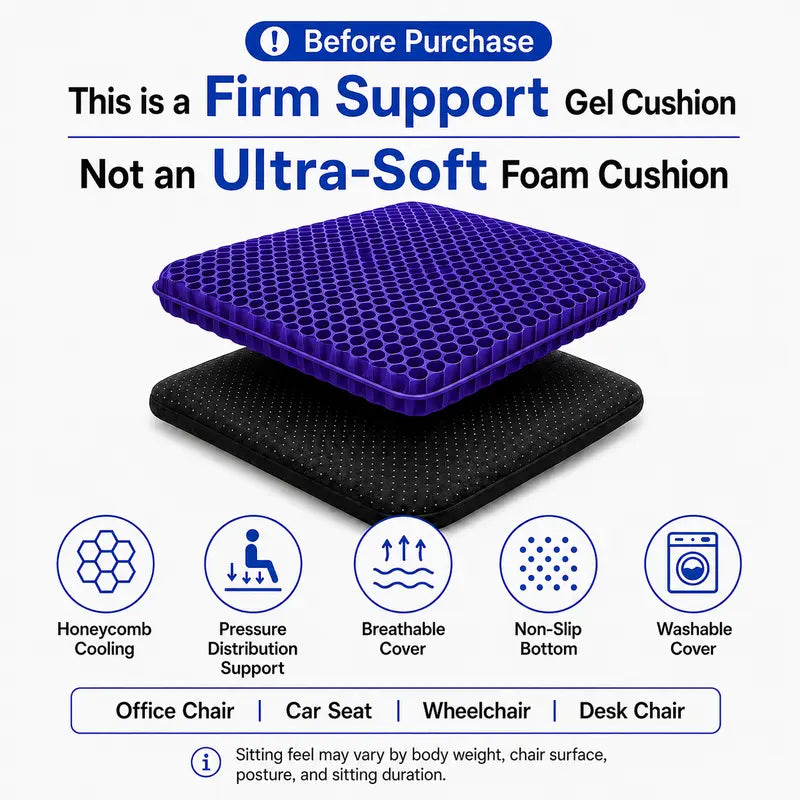 Ergonomic Gel Seat Cushion for Instant Back & Tailbone Pressure Relief