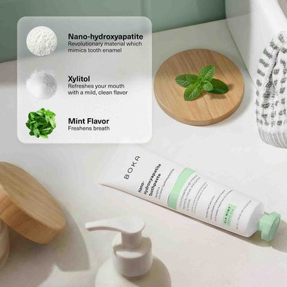 Nano-hydroxyapatite toothpaste: remineralizes enamel, relieves sensitivity, fluoride-free.